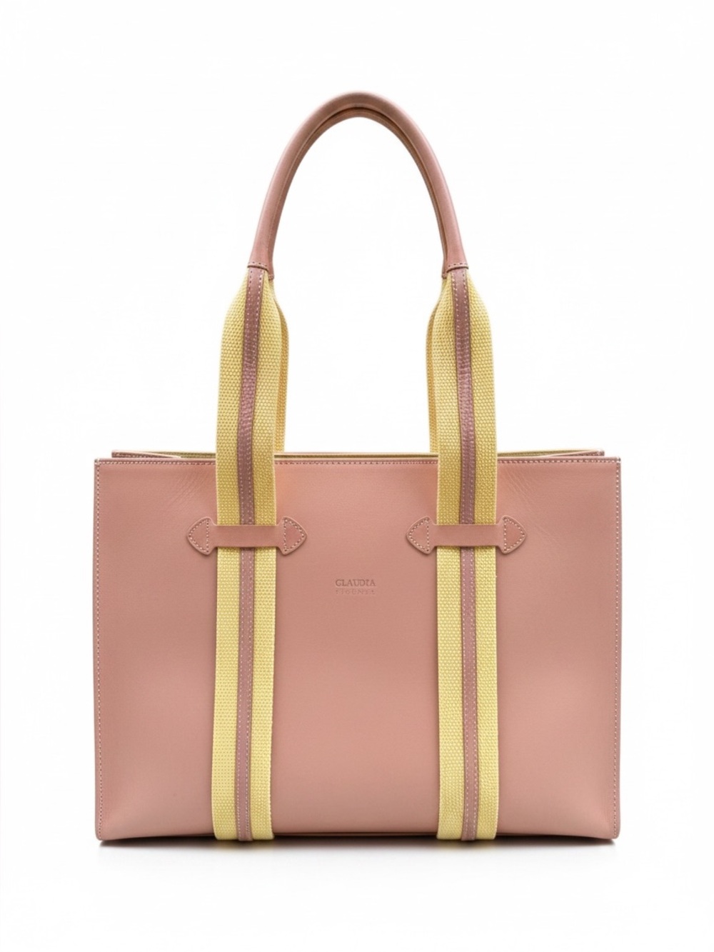 Claudia Firenze Peach Leather Tote with Yellow Webbing Straps